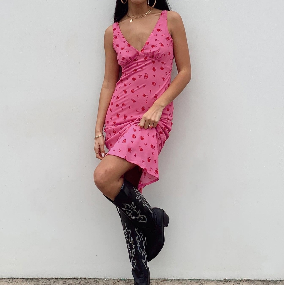 Princess Polly Sarah Pink Floral Rose Print V Neck Midi Dress